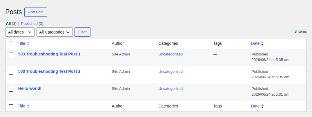 WordPress posts list for reviewing recent content changes