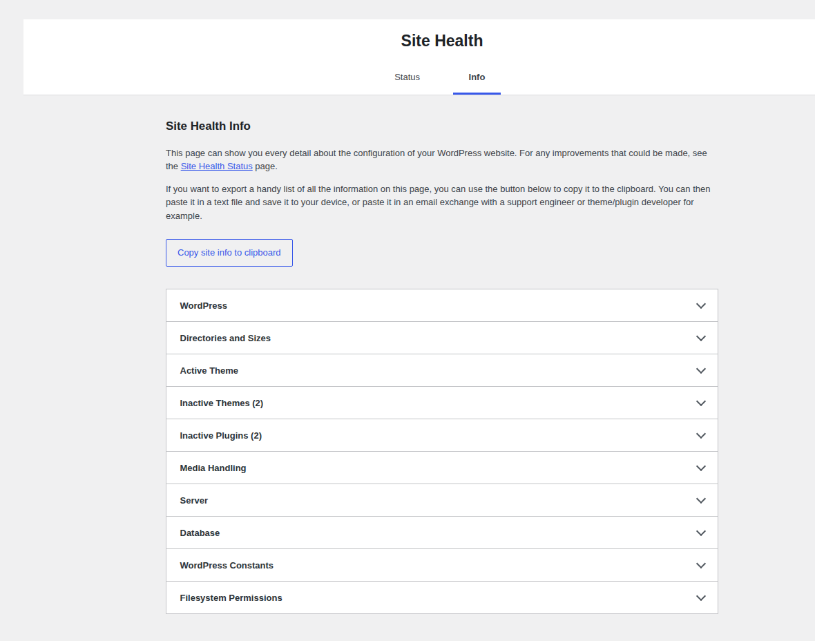 WordPress Site Health Info screen for gathering non-secret server details