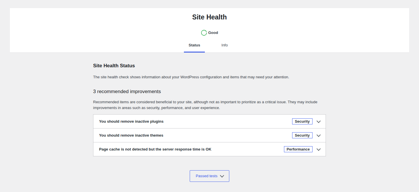 WordPress Site Health status screen for post-recovery diagnostics