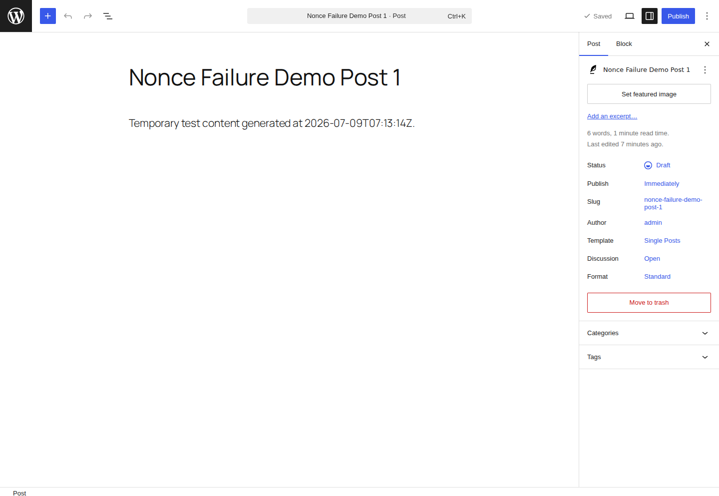 WordPress block editor save controls in a fresh admin session