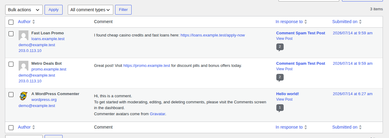 WordPress comments bulk actions for moving visible spam out of public view
