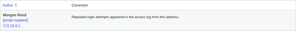 WordPress Comments screen showing a recorded commenter IP address