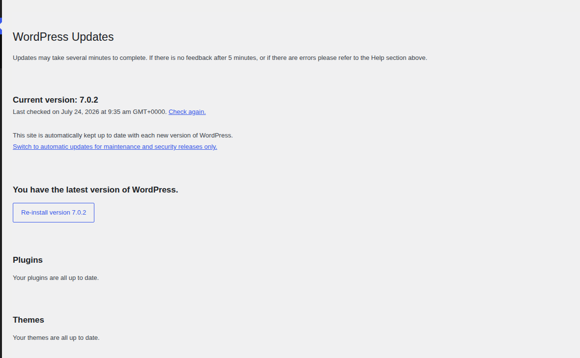 WordPress Updates screen showing current patch status
