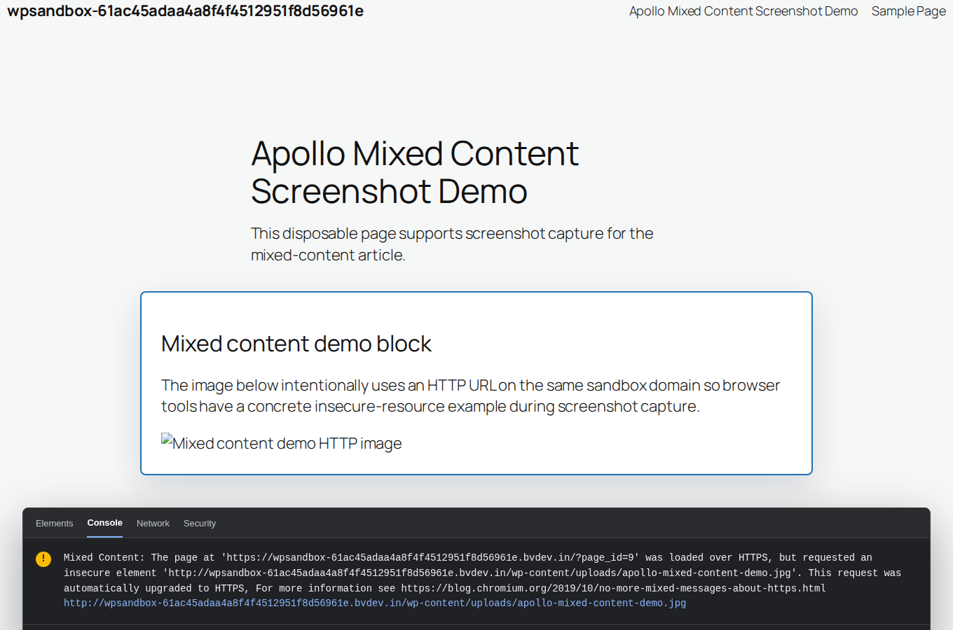 Chrome DevTools Console showing the exact HTTP resource behind a mixed content warning