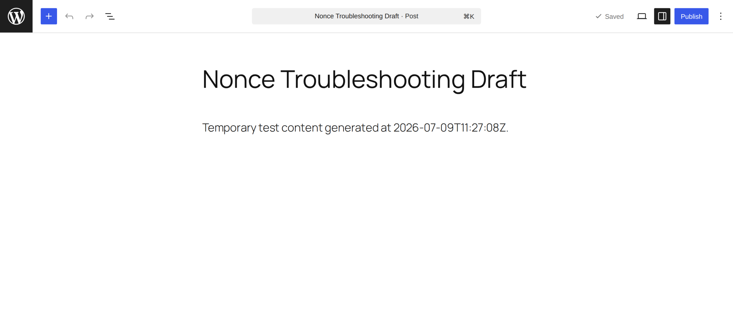 WordPress block editor draft screen before refreshing an expired nonce