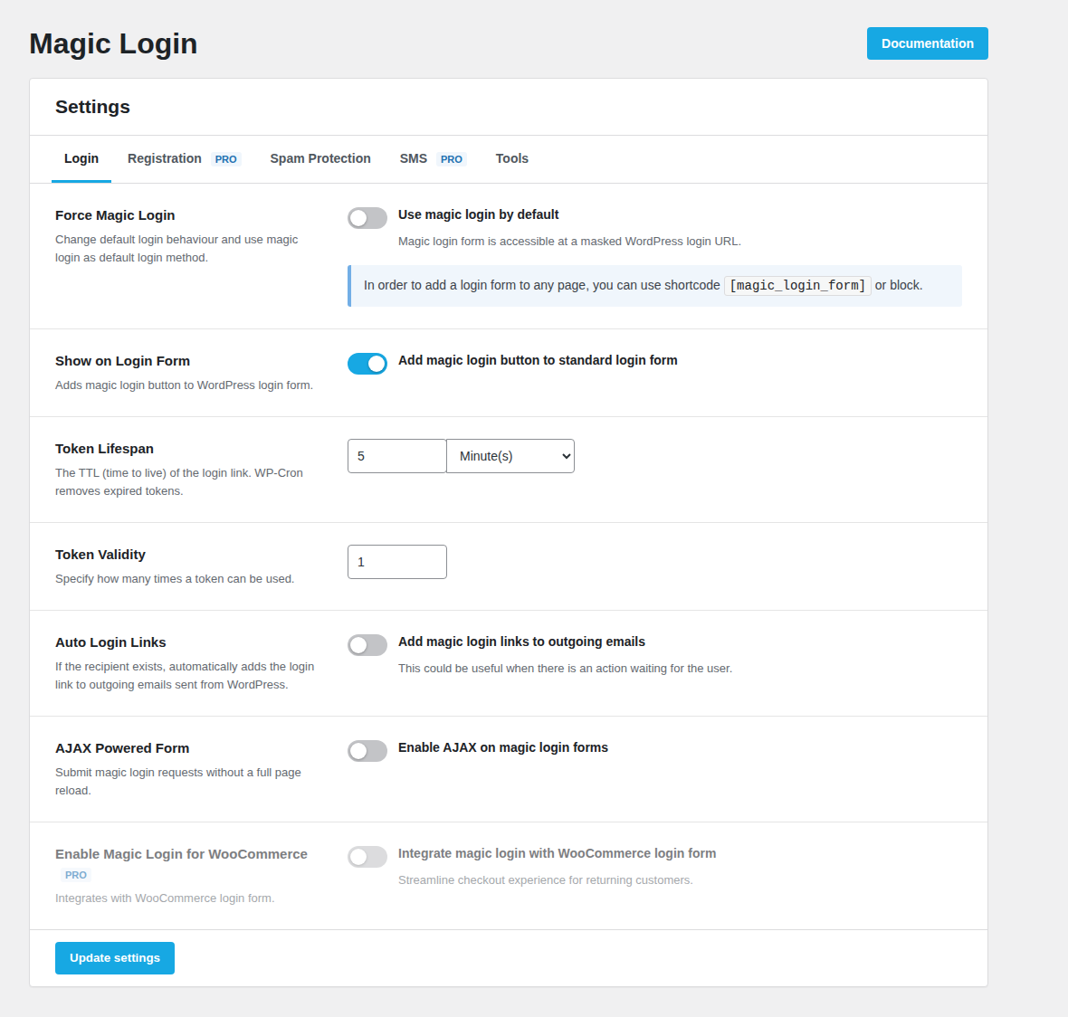 Magic Login settings for token lifespan and login behavior