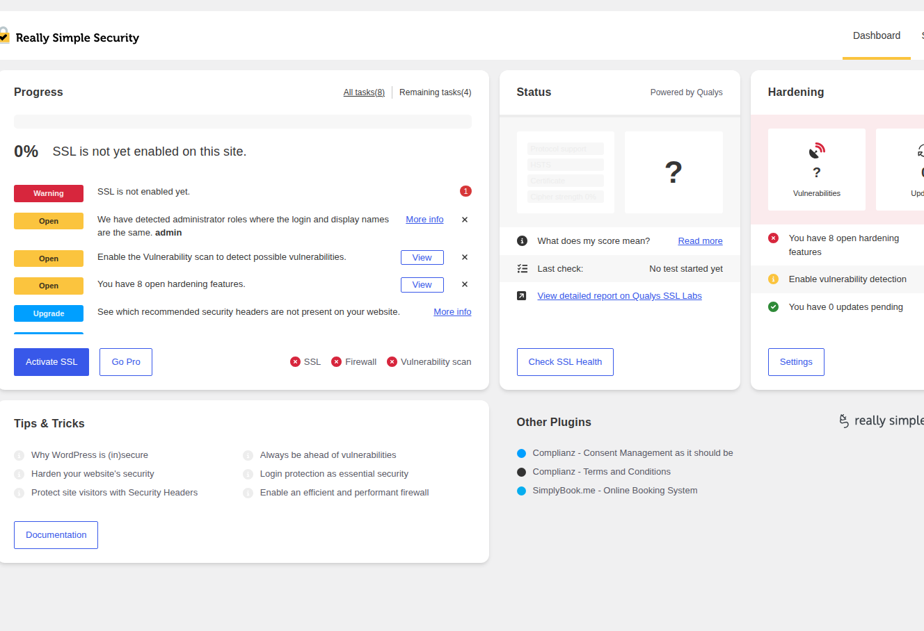Really Simple Security SSL checklist dashboard