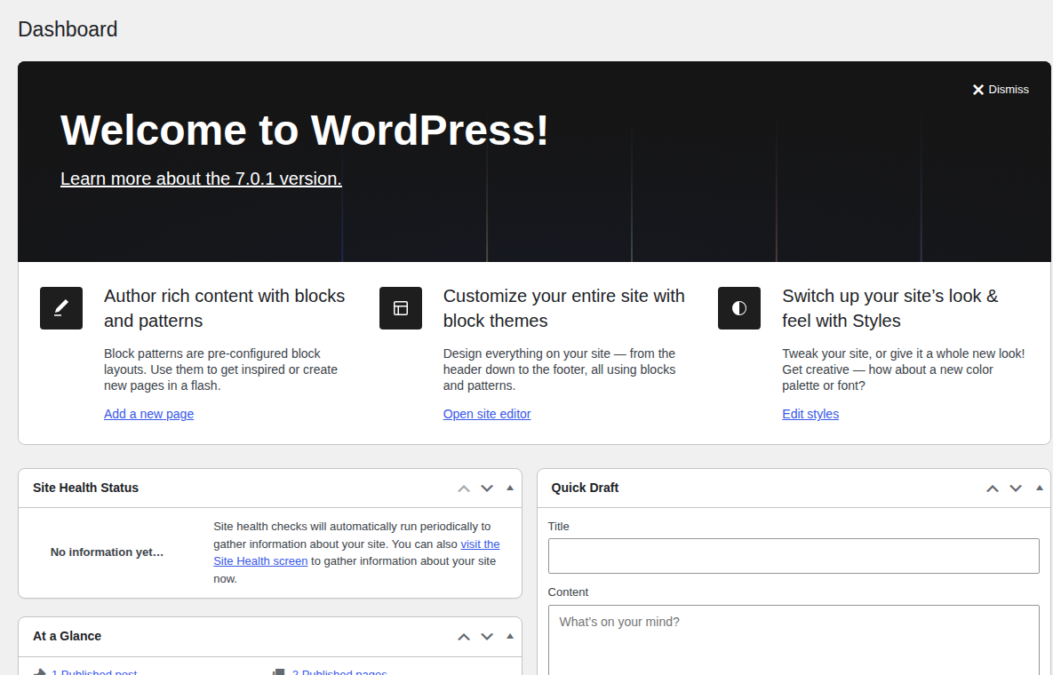 WordPress dashboard before security cleanup checks