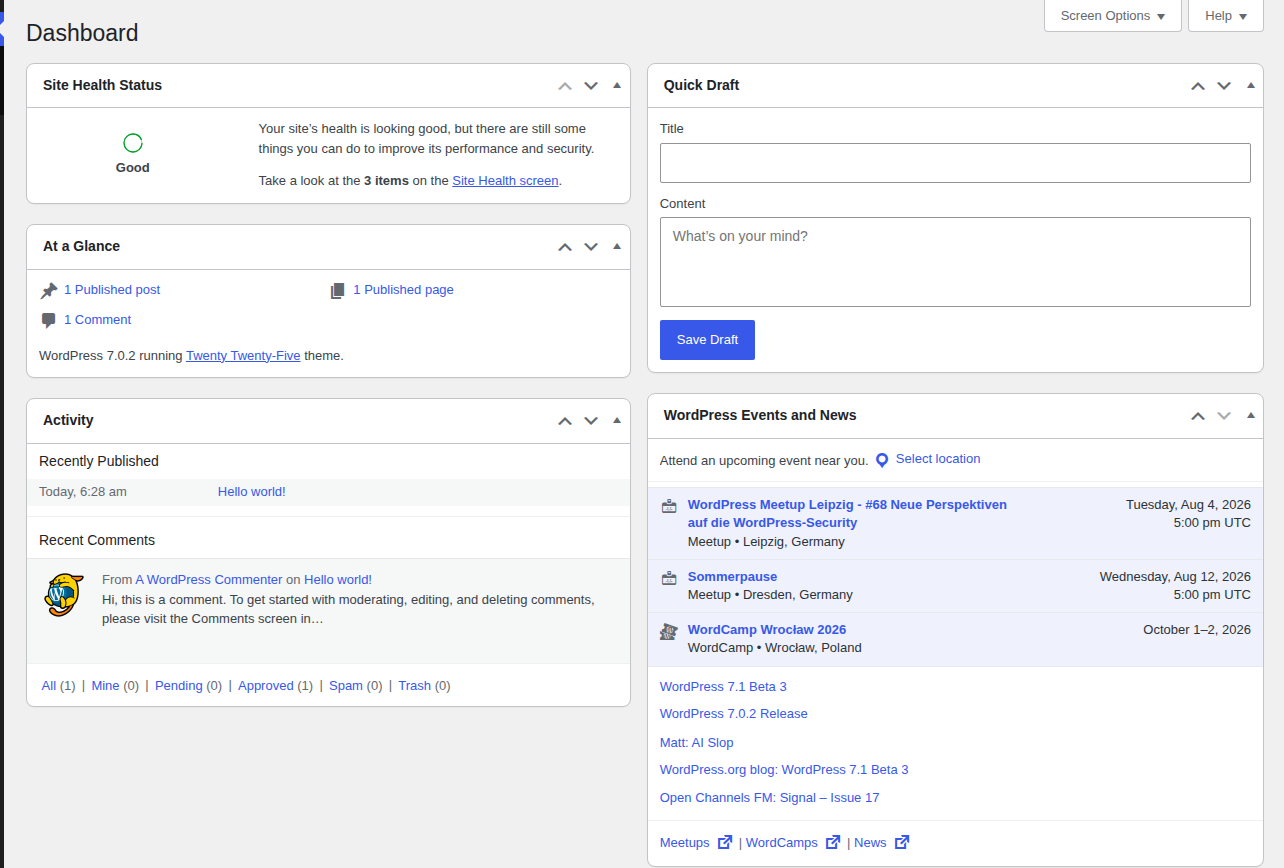 WordPress admin dashboard for checking site activity and status