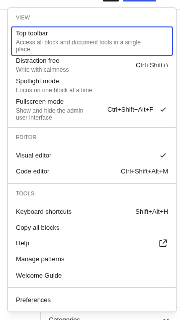 Block Editor menu with Copy all blocks option
