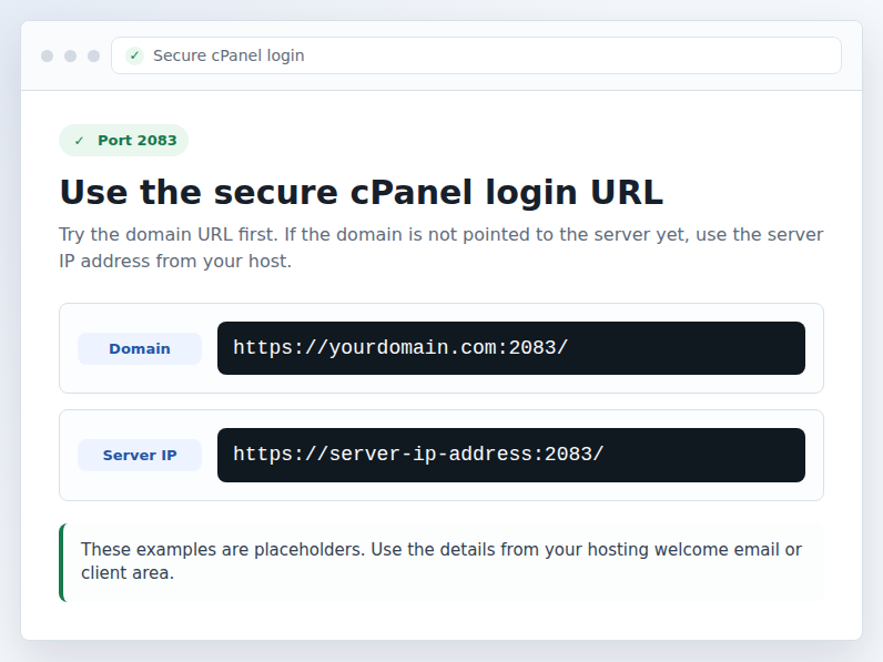 Examples of secure cPanel login URLs using port 2083