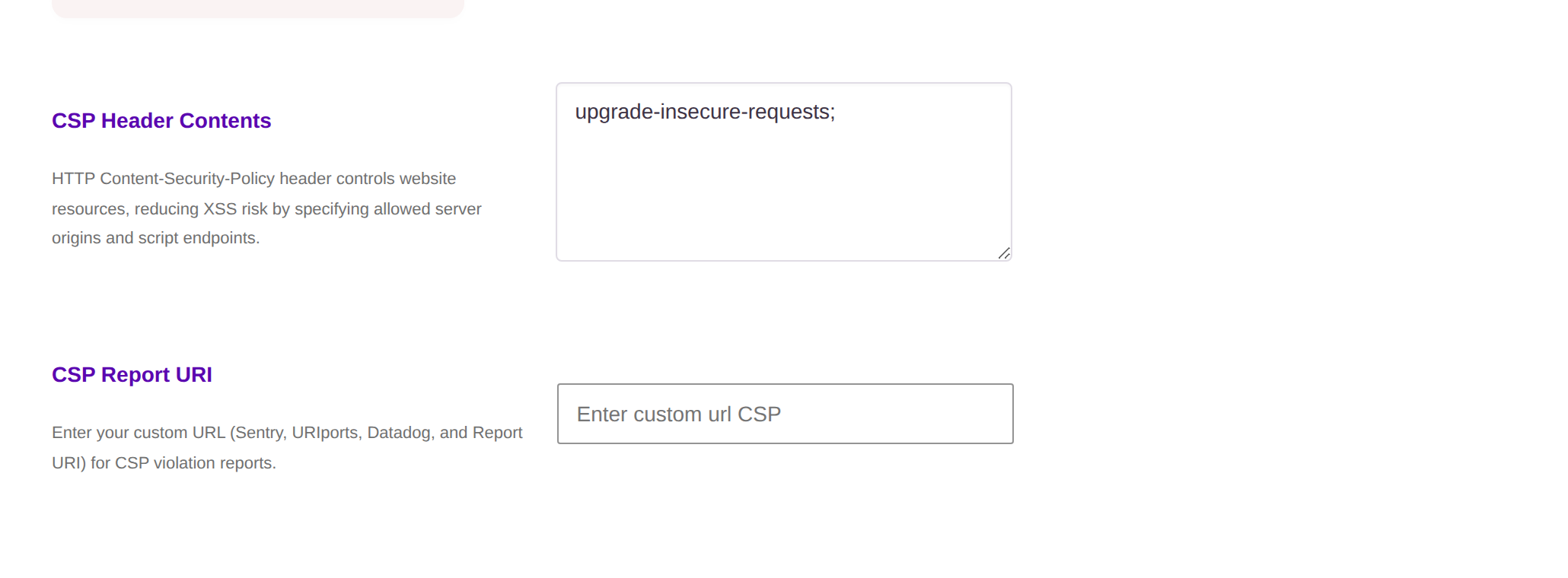 CSP plugin controls for policy and report URI fields