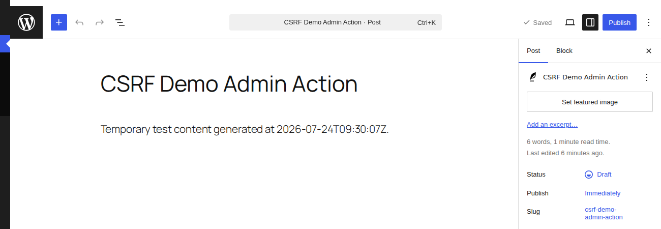 WordPress block editor action controls in an admin session