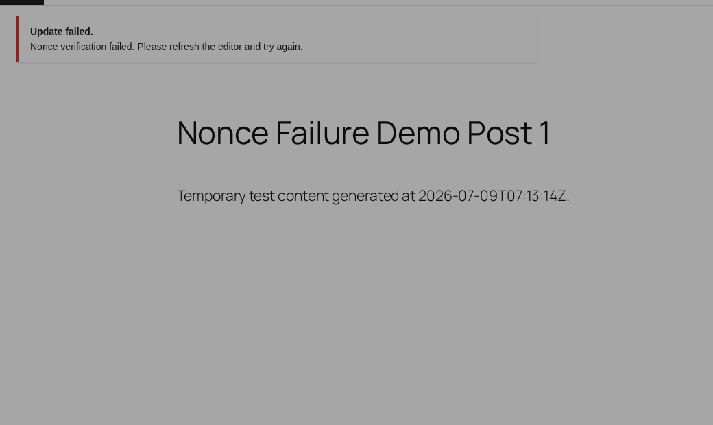 WordPress block editor notice showing a nonce-related save failure