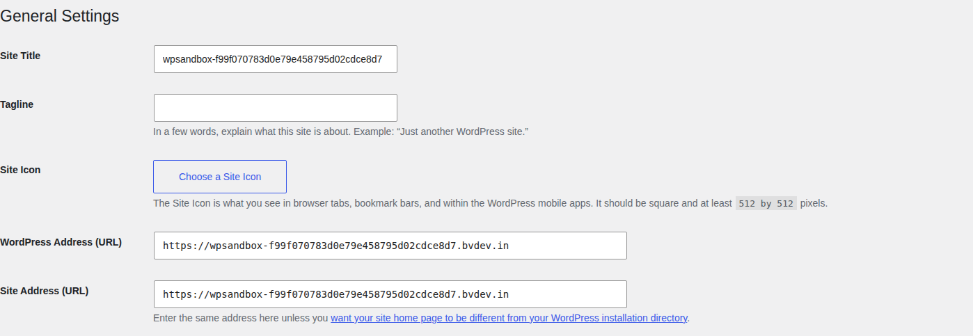 WordPress General Settings showing WordPress Address and Site Address fields