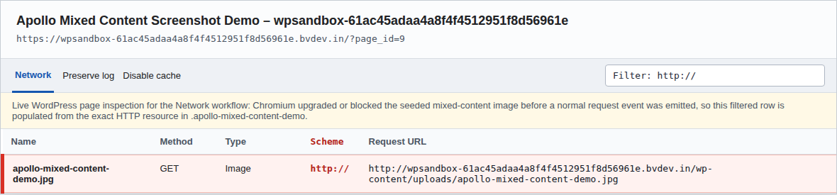 Chrome DevTools Network panel filtered to the insecure HTTP request