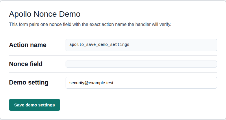 WordPress demo form with a nonce field and action name