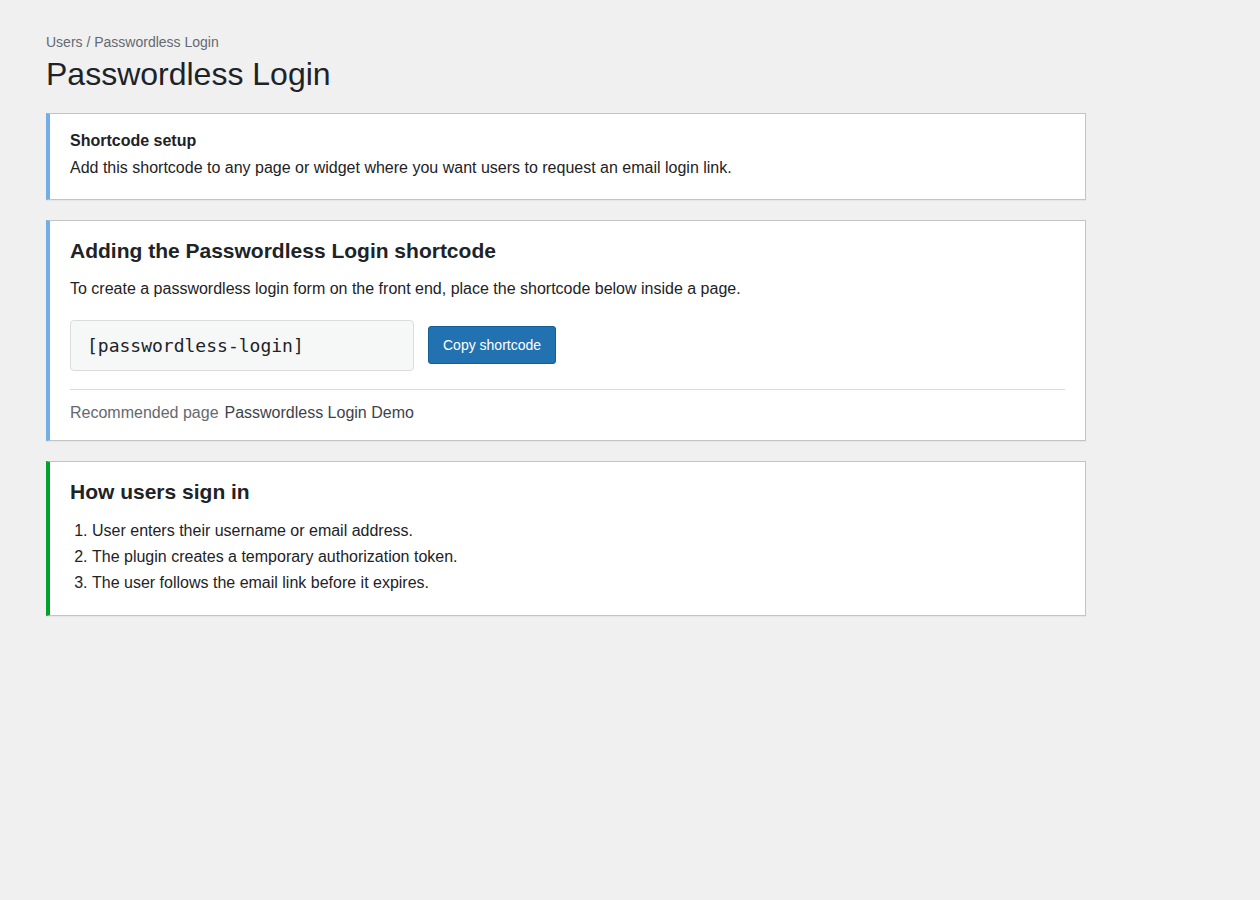 Passwordless Login shortcode shown in plugin settings