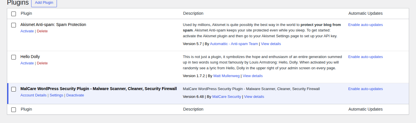 WordPress plugins list used to review active and unused plugins
