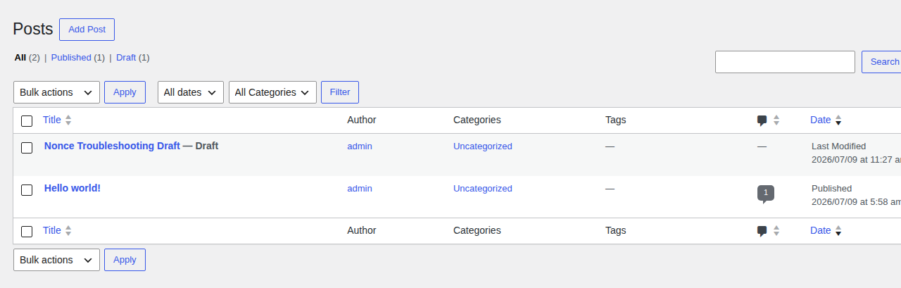 WordPress posts list with nonce-protected bulk actions