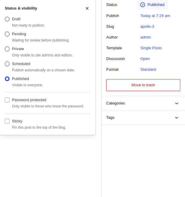 WordPress post editor status and visibility settings