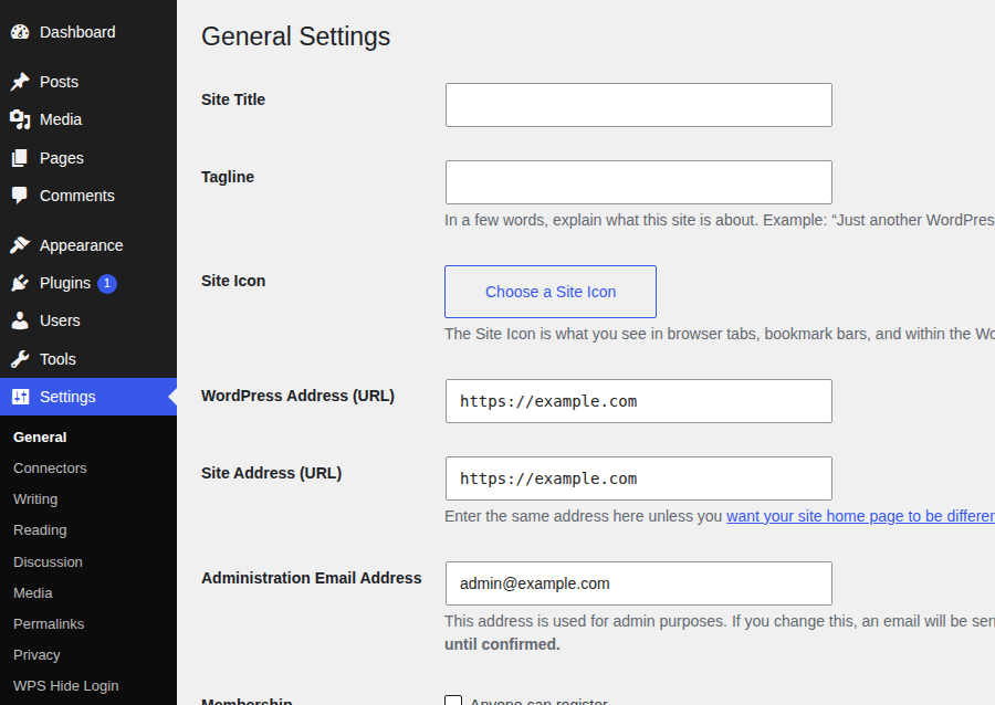 WordPress Settings screen kept open before changing the login URL