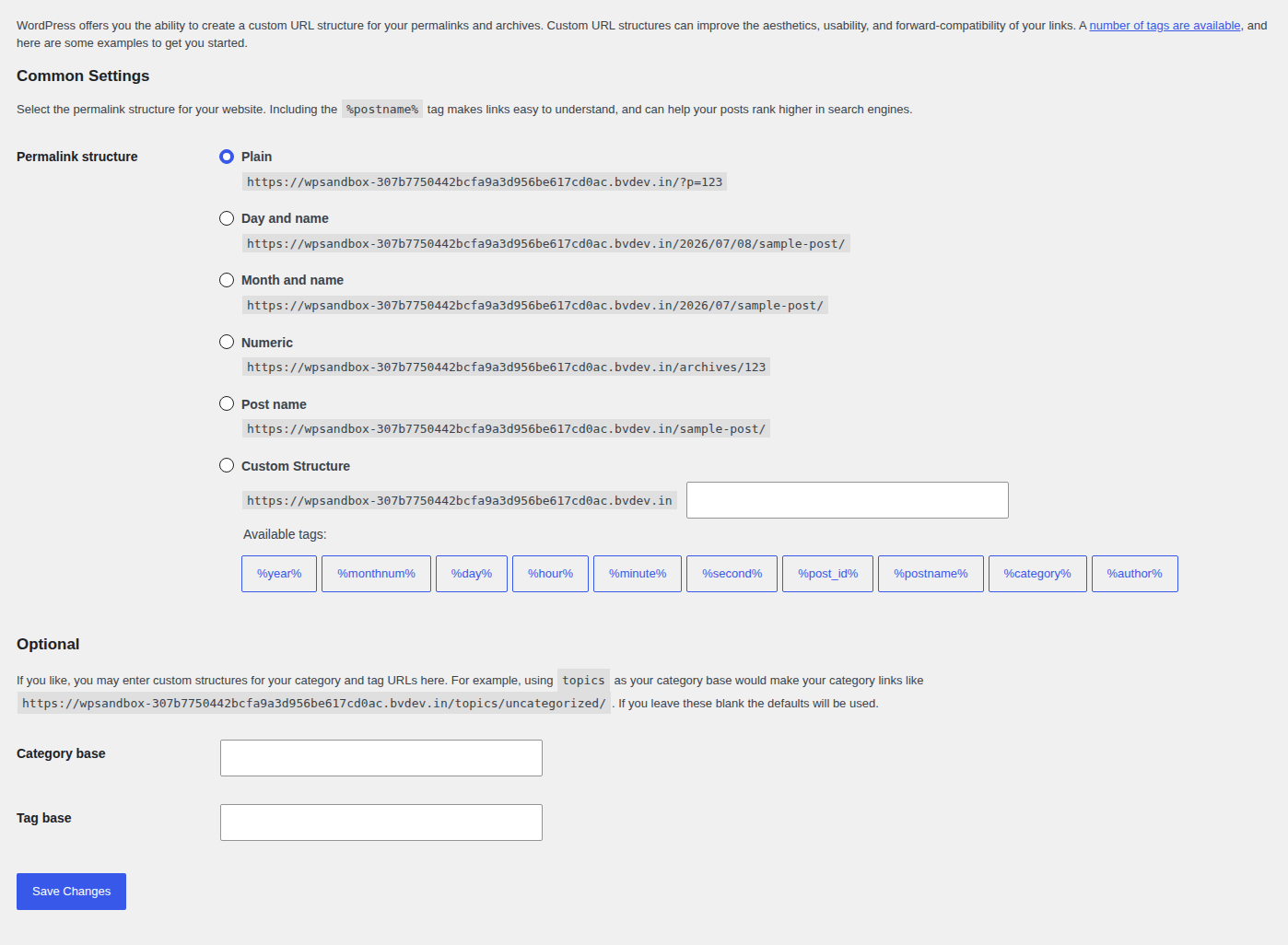Permalink Settings form with the Save Changes button