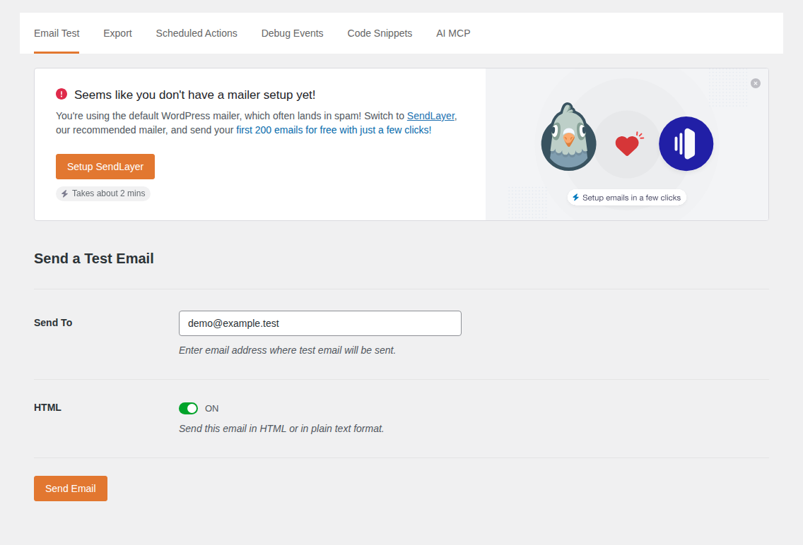 WP Mail SMTP email test screen used to check handoff from WordPress