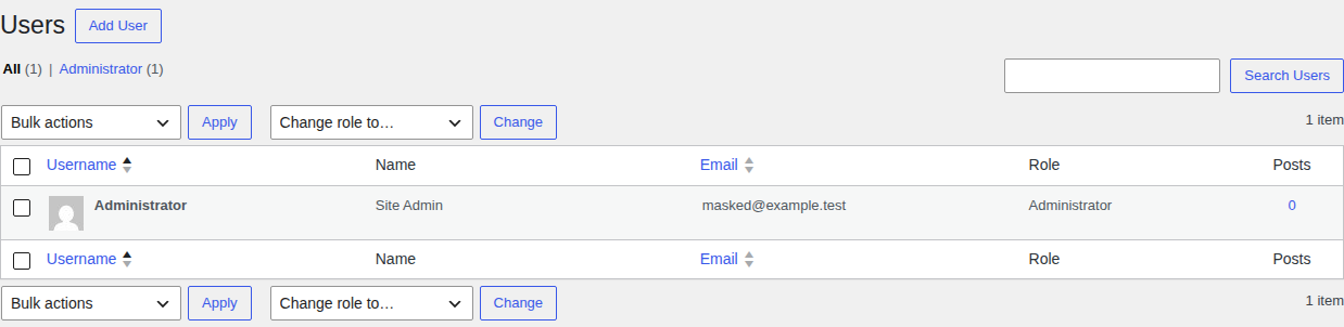 WordPress Users screen showing admin account risk