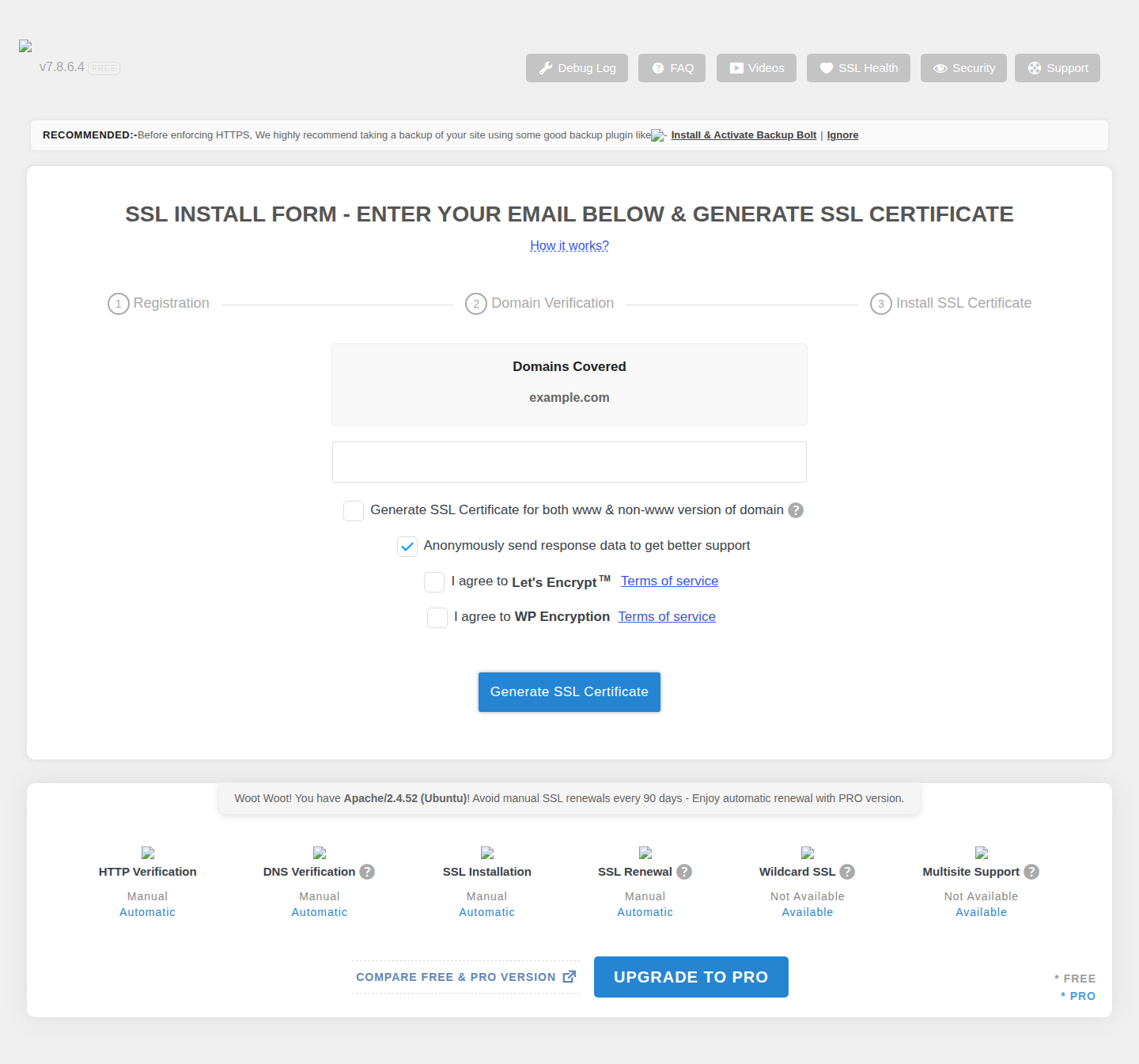 WP Encryption Let's Encrypt certificate setup form