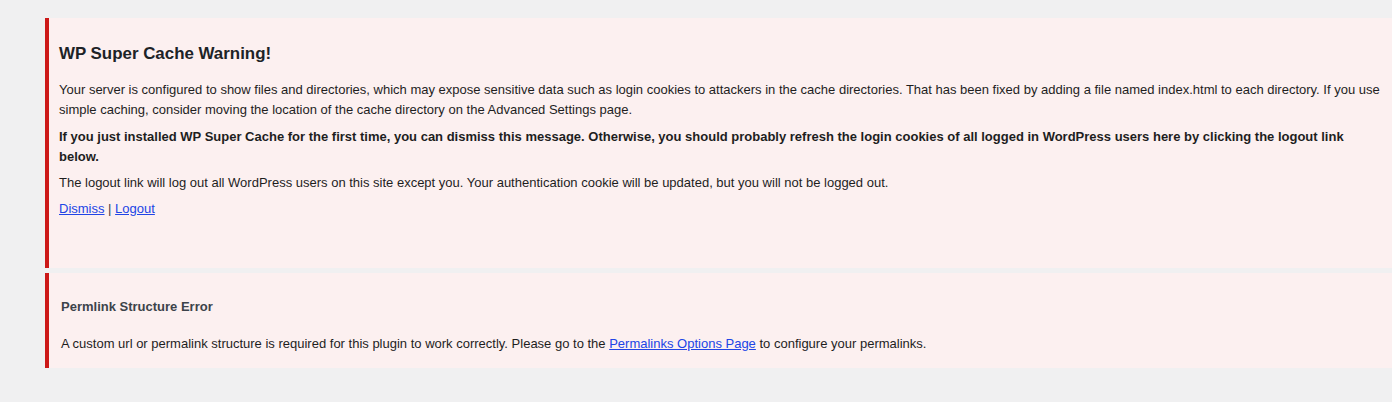 WP Super Cache settings warning in the WordPress dashboard