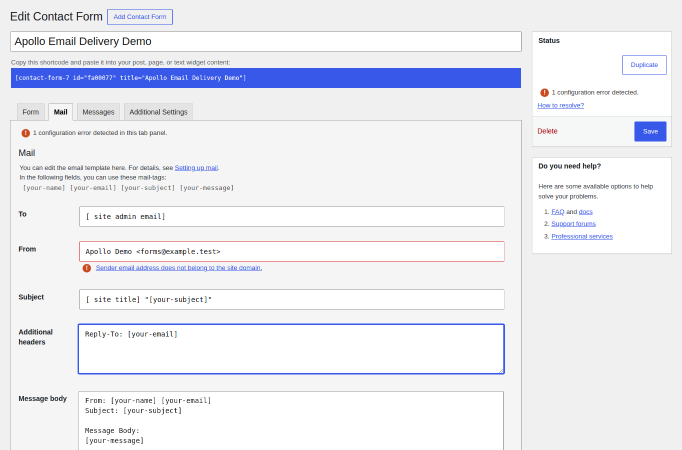 Contact Form 7 mail settings showing From and Reply-To fields