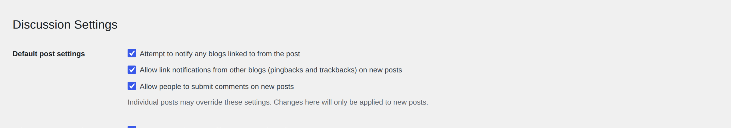 WordPress Discussion settings for disabling comments on new posts