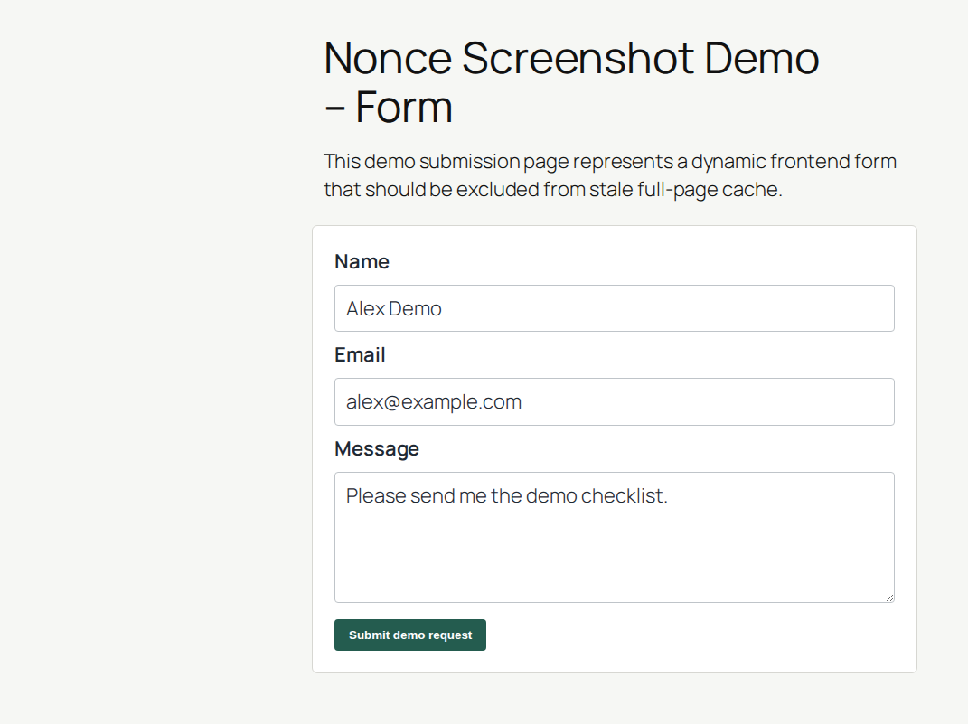 Frontend demo form that should not be served from stale cache