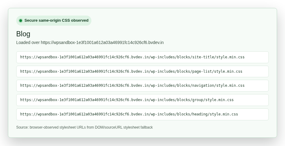 Healthy HTTPS WordPress page showing secure stylesheet URLs