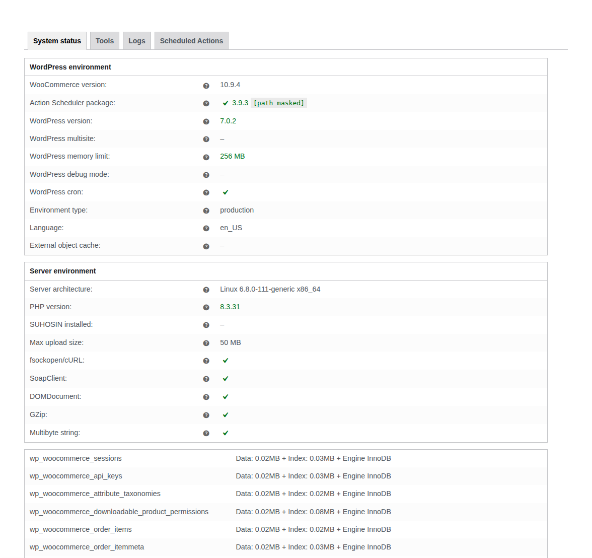 WooCommerce status screen used while investigating malware and backdoor symptoms