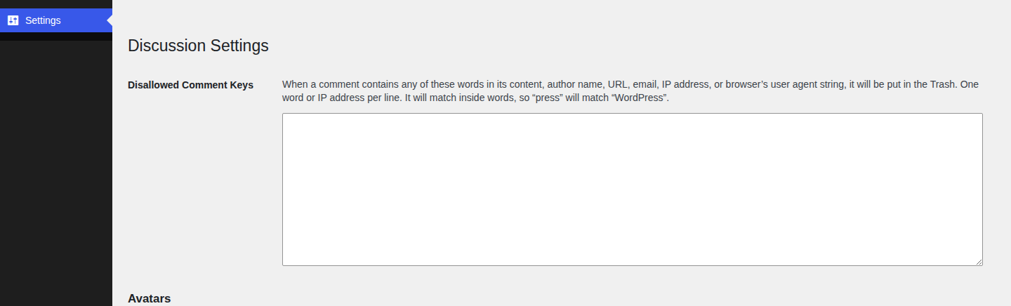 WordPress Discussion settings showing where comment-only IP blocking lives