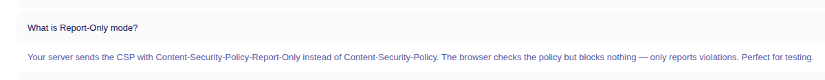 Plugin FAQ explaining Content-Security-Policy report-only mode