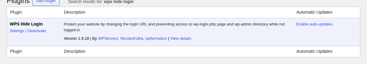 WPS Hide Login active in the WordPress plugins table