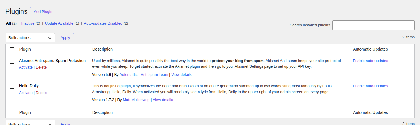 WordPress Plugins screen for plugin isolation testing