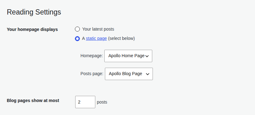 WordPress Reading settings with static homepage and Posts page assigned