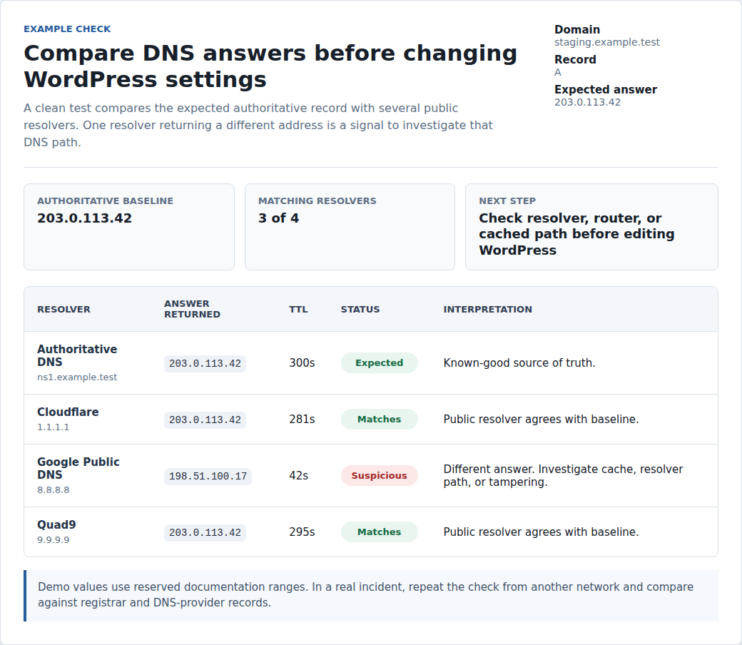 Example DNS resolver comparison table showing one suspicious answer
