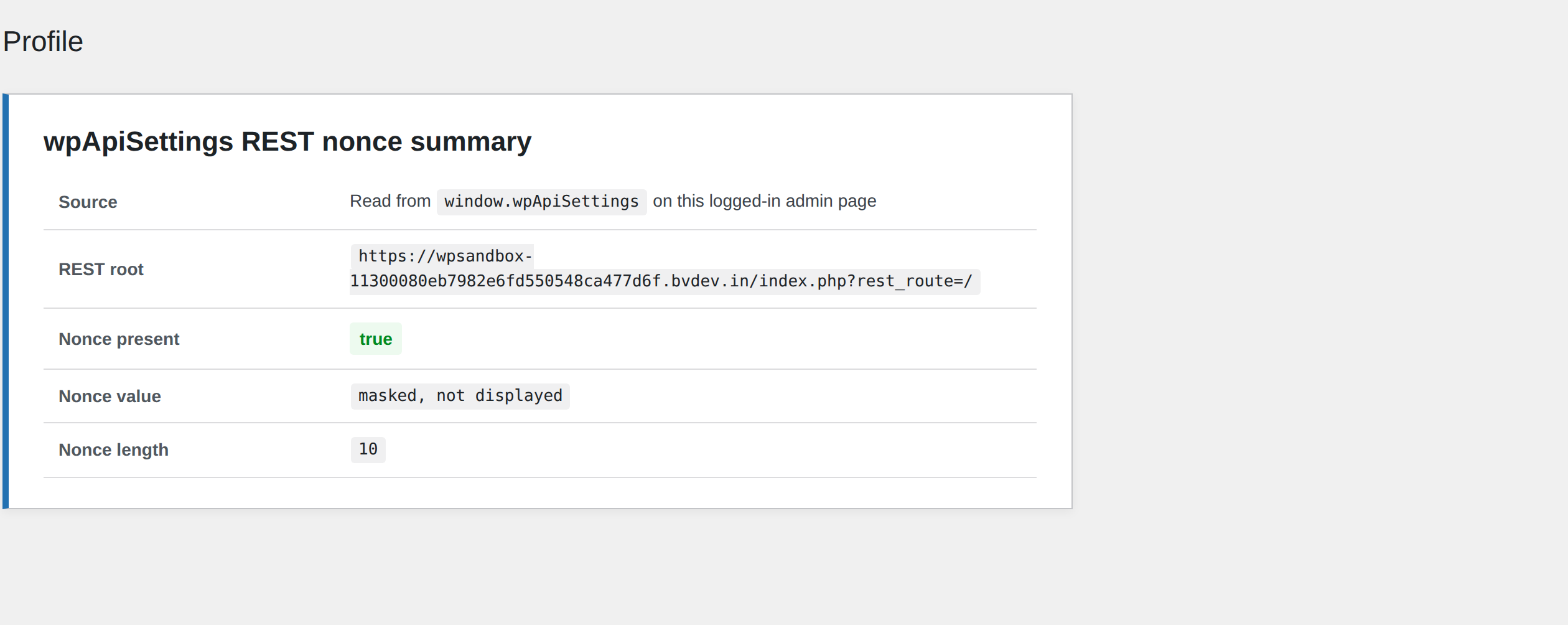 Masked wpApiSettings REST nonce summary in WordPress admin