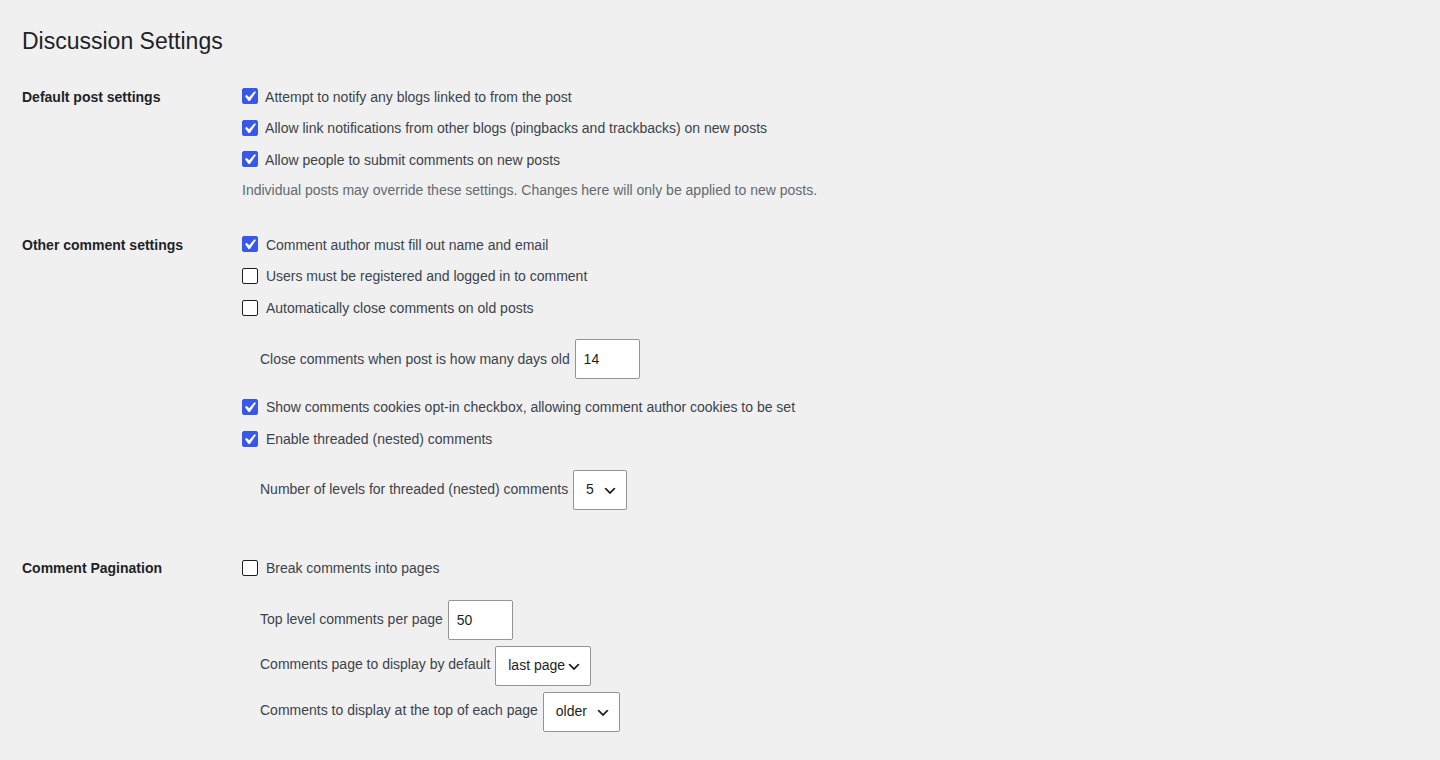 WordPress Discussion Settings form with protected form controls