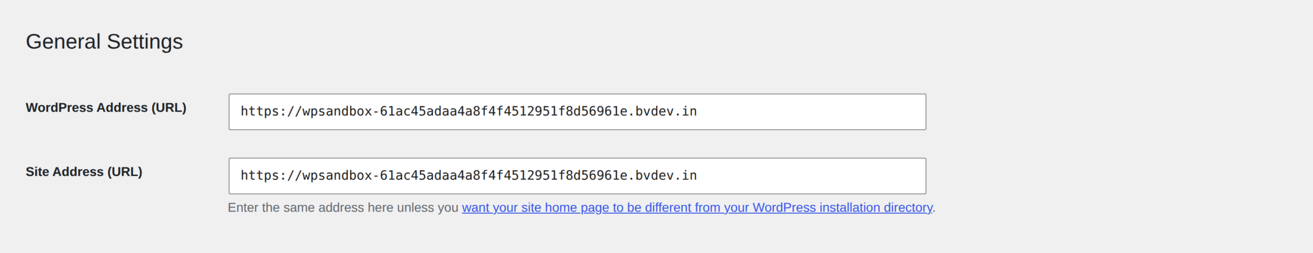 WordPress Settings General screen showing HTTPS WordPress Address and Site Address fields