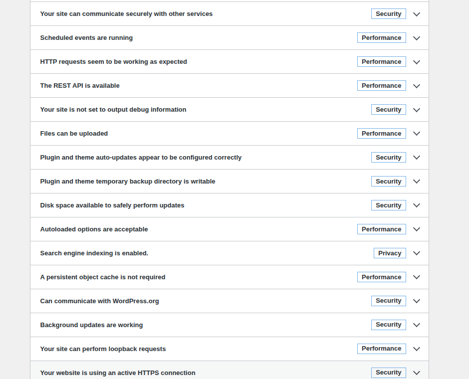 WordPress Site Health showing HTTPS and security checks