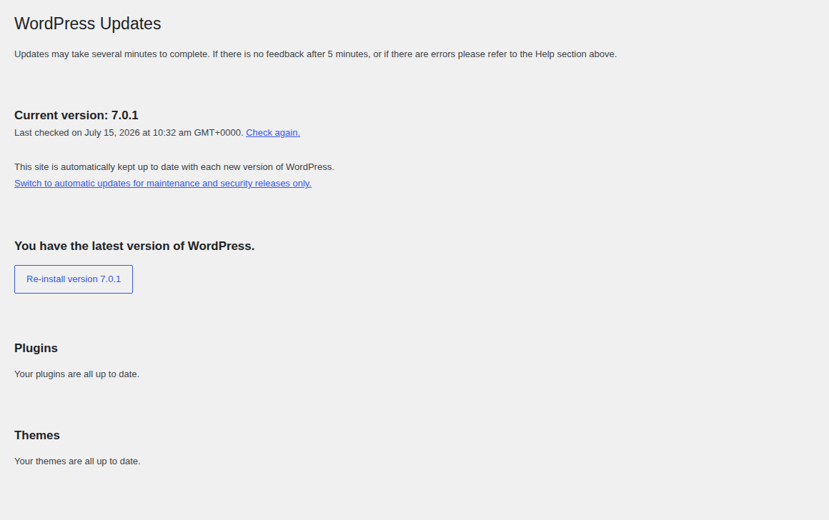 WordPress Dashboard Updates screen for checking update status