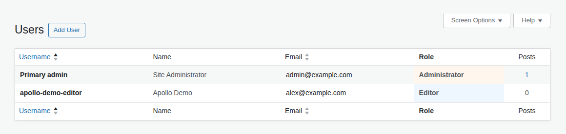 WordPress users screen showing account roles and administrator access risk