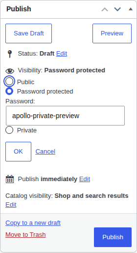 WooCommerce product editor showing password-protected visibility controls