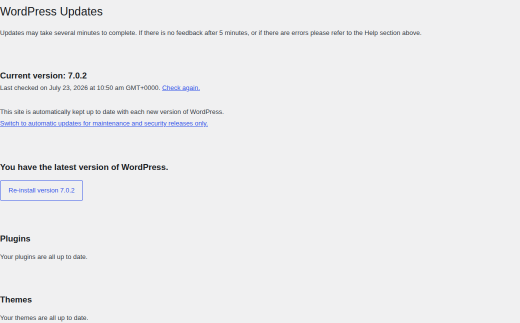 WordPress Updates screen showing core plugin and theme update status